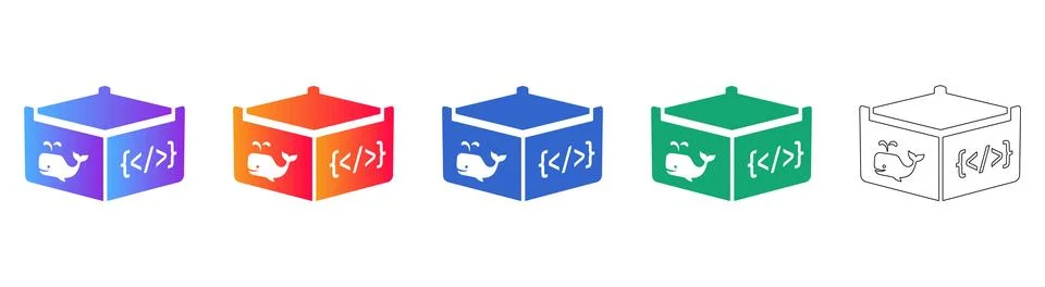 Five Isometric Coding Box Icons with Whale Symbol 库存插图