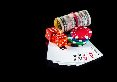 Five of a kind cards combination and dollars and chips. Winning combination Stock Photos