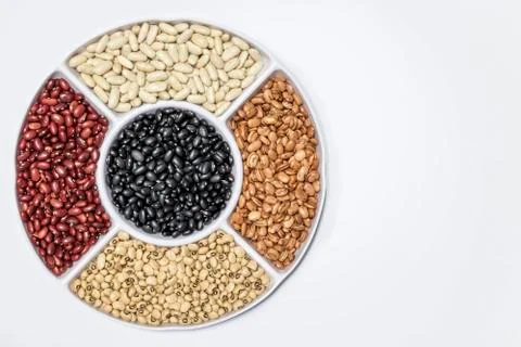 Five kinds of beans, string beans, black beans, white beans, red beans and mu Stock Photos