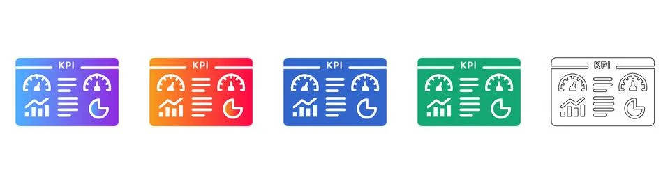 Five KPI Dashboard Interface Icons with Gauges and Charts Stock Illustration