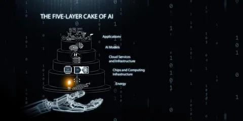 The five-layer cake of AI concept. A wireframe robotic hand holding a tiere.. 스톡 일러스트