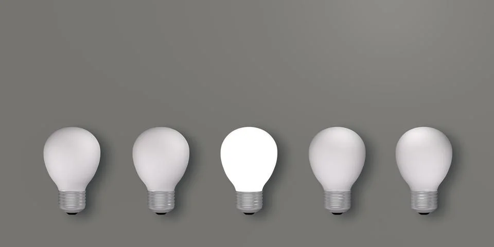 Five light bulbs with one glowing. Stock Illustration