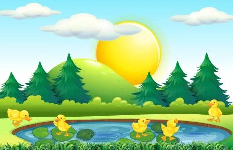 Five little ducks in the pond Stock Illustration