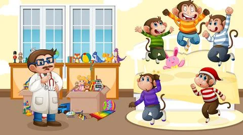 Five little monkeys jumping on the bed with a doctor Stock Illustration