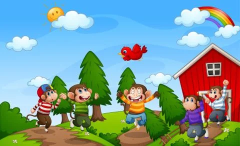 Five little monkeys jumping in the farm Stock Illustration