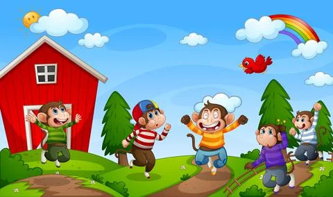 Five little monkeys jumping in the farm scene Stock Illustration