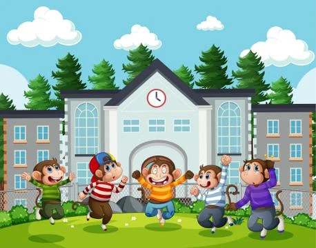 Five little monkeys jumping in the park playground scene Stock Illustration