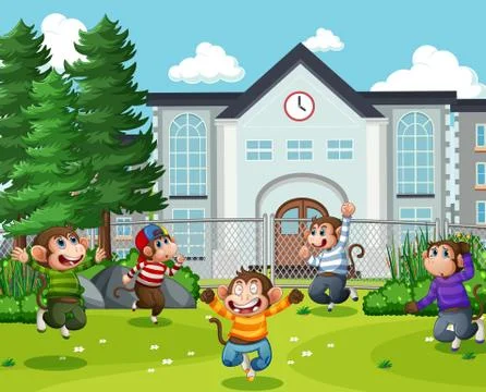 Five little monkeys jumping in the park playground scene Stock Illustration