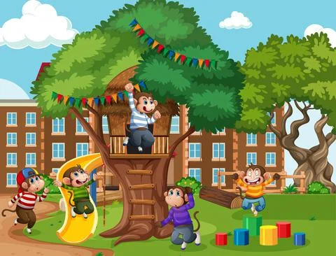 Five little monkeys jumping in the park playground scene Stock Illustration
