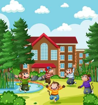 Five little monkeys jumping in the park playground scene Stock Illustration