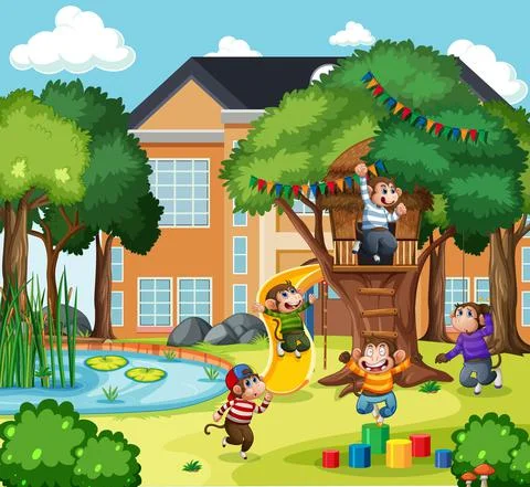 Five little monkeys jumping in the park playground scene Stock Illustration