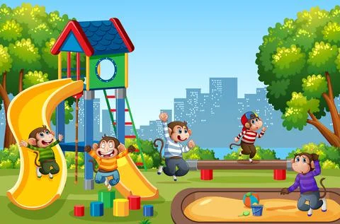 Five little monkeys jumping in the park playground scene Stock Illustration