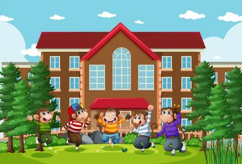 Five little monkeys jumping in the park school scene Ilustração Stock