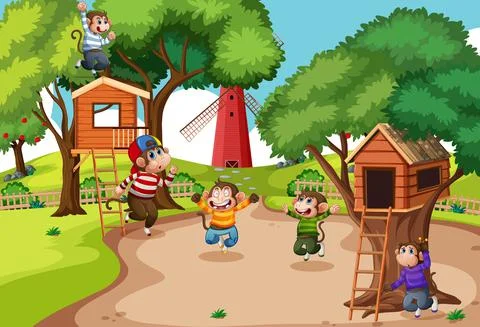 Five little monkeys jumping in the park playground scene Stock Illustration