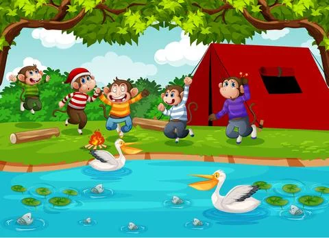 Five little monkeys jumping in the park scene Stock Illustration