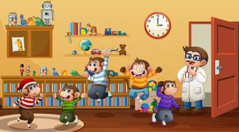 Five little monkeys jumping in the room scene with a doctor Stock Illustration