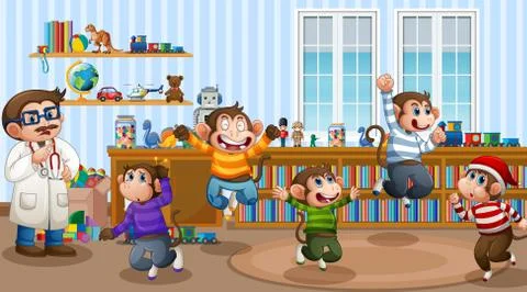Five little monkeys jumping in the room scene with a doctor Stock Illustration
