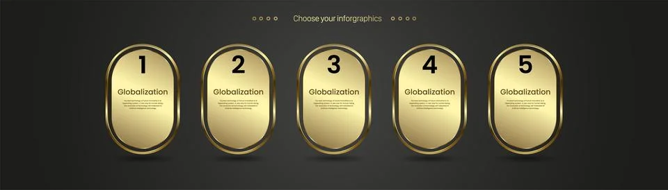 Five Luxury Infographic button vector on dark background with-Number option.. Stock Illustration
