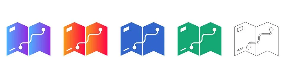 Five Map and Route Path Icons in Different Colors Stock Illustration
