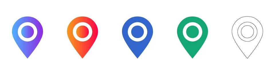 Five Map Location Pin Icons in Multiple Colors Stock Illustration