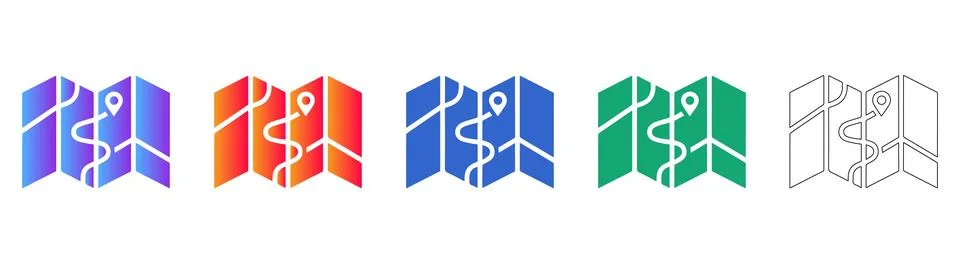 Five Map Navigation Route Icons with Location Pin Stock Illustration