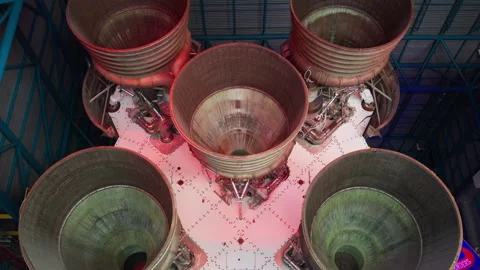 Five Massive Rocket Engine Nozzles Displayed in Space Museum Hangar Stock Footage 342578701