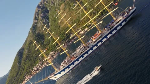 Five Masted Tall Ship Cruising Mountain Bay Aerial View Stock Footage 344278873