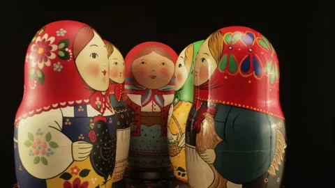 Five matryoshka dolls- girlfriends. The world-famous Russian national dolls. Stock Footage 169809525