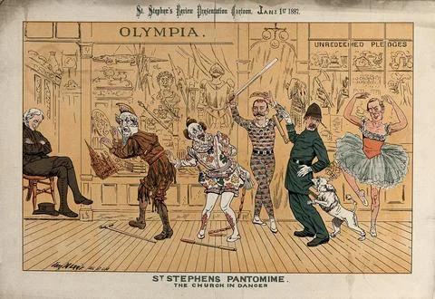 Five men are performing a pantomime whilst a spectator is asleep in his cha.. Stock Illustration