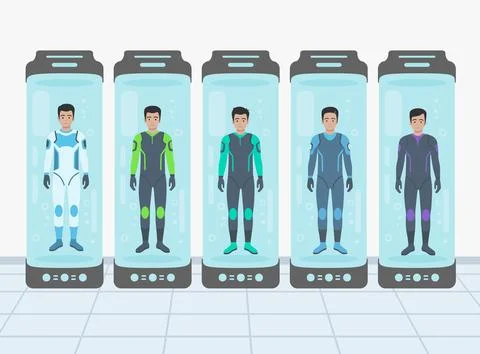 Five men in colorful futuristic sci fi suits standing inside vertical cryog.. Stock Illustration
