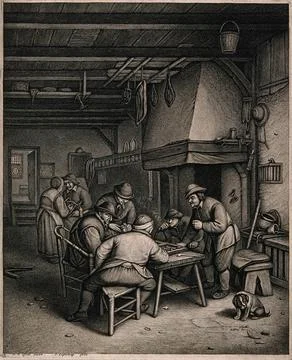 Five men indoors round a table smoking and playing backgammon, behind a man.. Stock Illustration