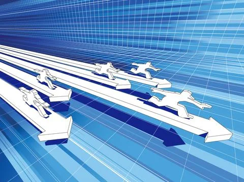 Five men riding on fast diagram arrows in abstract business diagram Stock Illustration