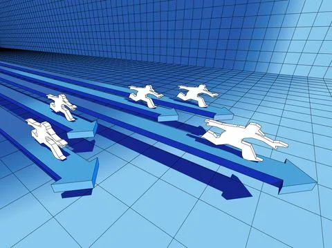 Five men riding on fast diagram arrows in abstract business diagram Stock Illustration