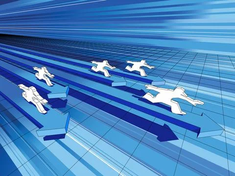 Five men riding on fast diagram arrows in abstract business diagram Illustrazione stock