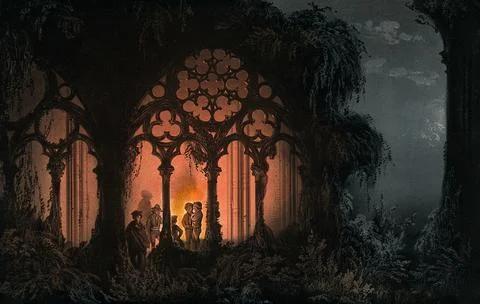 Five men standing inside the ruins of a Gothic church, at night. Coloured a.. Stock Illustration