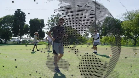 Five men walking between cones and training team agility, globe overlay 스톡 동영상 333494371