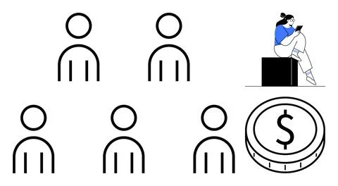Five minimal human figures, one person sitting on a block with a tablet, and  Stock Illustration