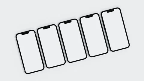 Five mobile phone move and show empty white screen, application present Видео 251694609