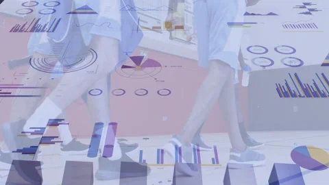 Five models entering left walking as data charts floating across legs showcasing 動画素材 332625538