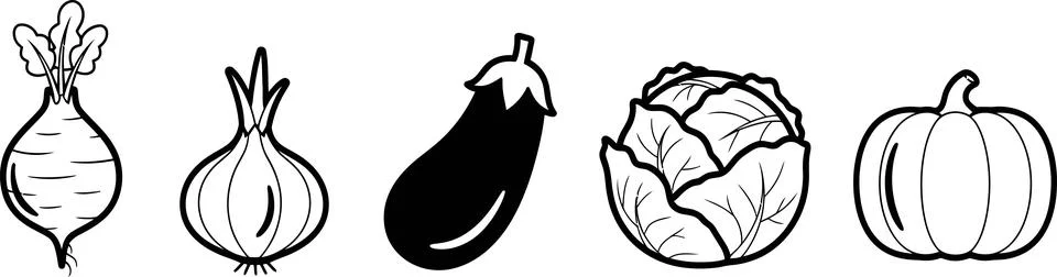 Five monochrome vegetables, including a beet, onion, eggplant, cabbage, and p Stock Illustration