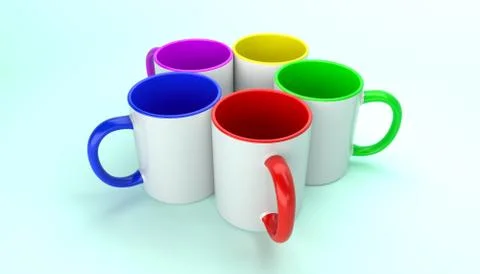 Five mugs with colorful elements 3D render Stock Illustration