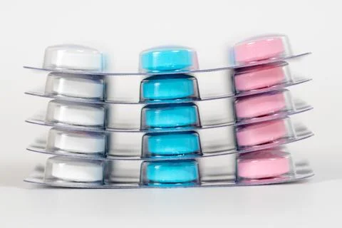 Five multicolor pill blisters Stock Photos
