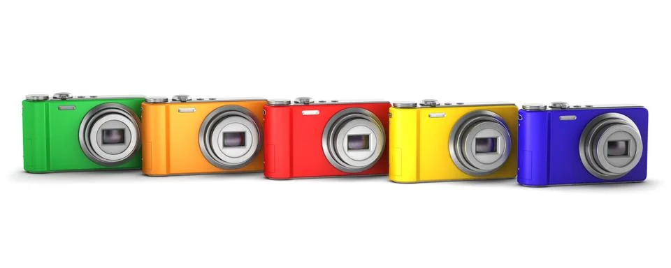 Five multicolor point and shoot photo cameras isolated on white background Illustrazione stock
