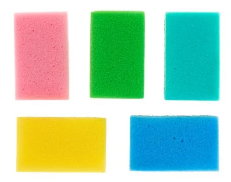 Five multicolored cellulose kitchen sponges, isolated on white Foto stock