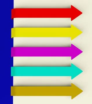 Five multicolored long arrow tabs over paper for menu list or notes Stockillustratie