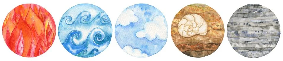 Five natural elements: fire, water, air, earth and metal. Stock Illustration