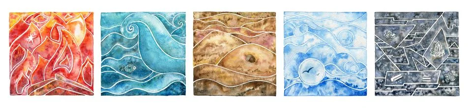 Five natural elements: fire, water, air, earth and metal. Watercolor set. Stock Illustration