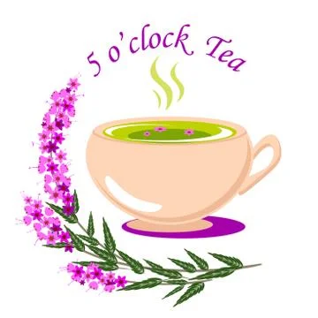 Five o clock tea vector illustration with a cup of tea and some heather plants Stock Illustration