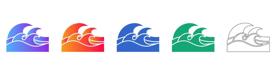 Five Ocean Wave Icons in Gradient and Line Art Stock Illustration