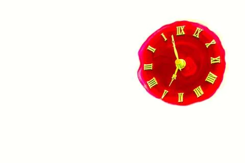 Five o'clock. Red scarlet clock face with roman numerals isolated on white Stock Photos